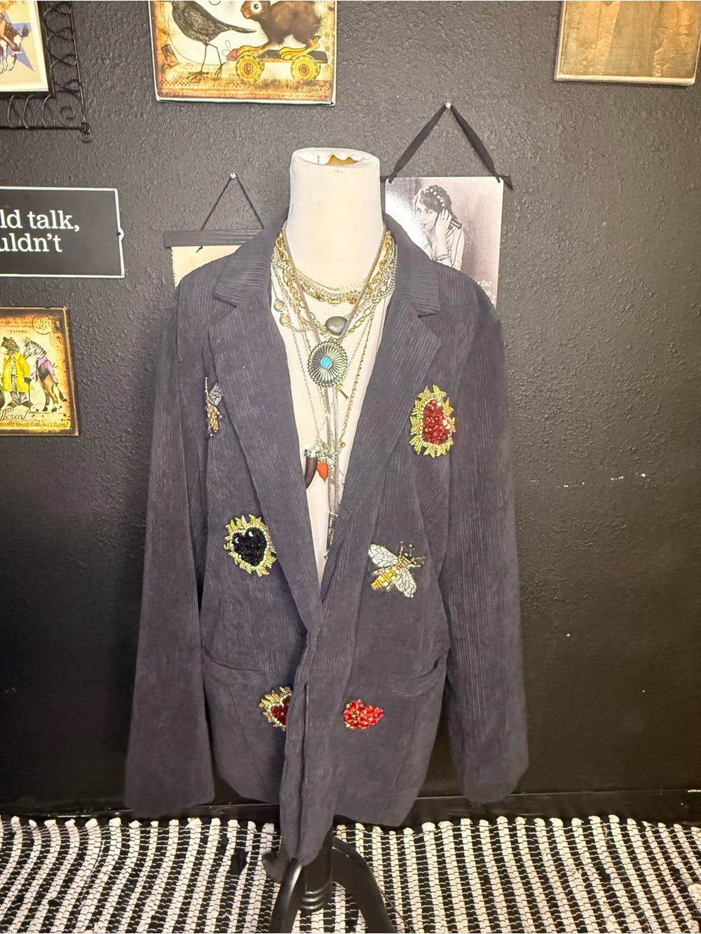 Embellished Corduroy Blazer with Decorative Patches